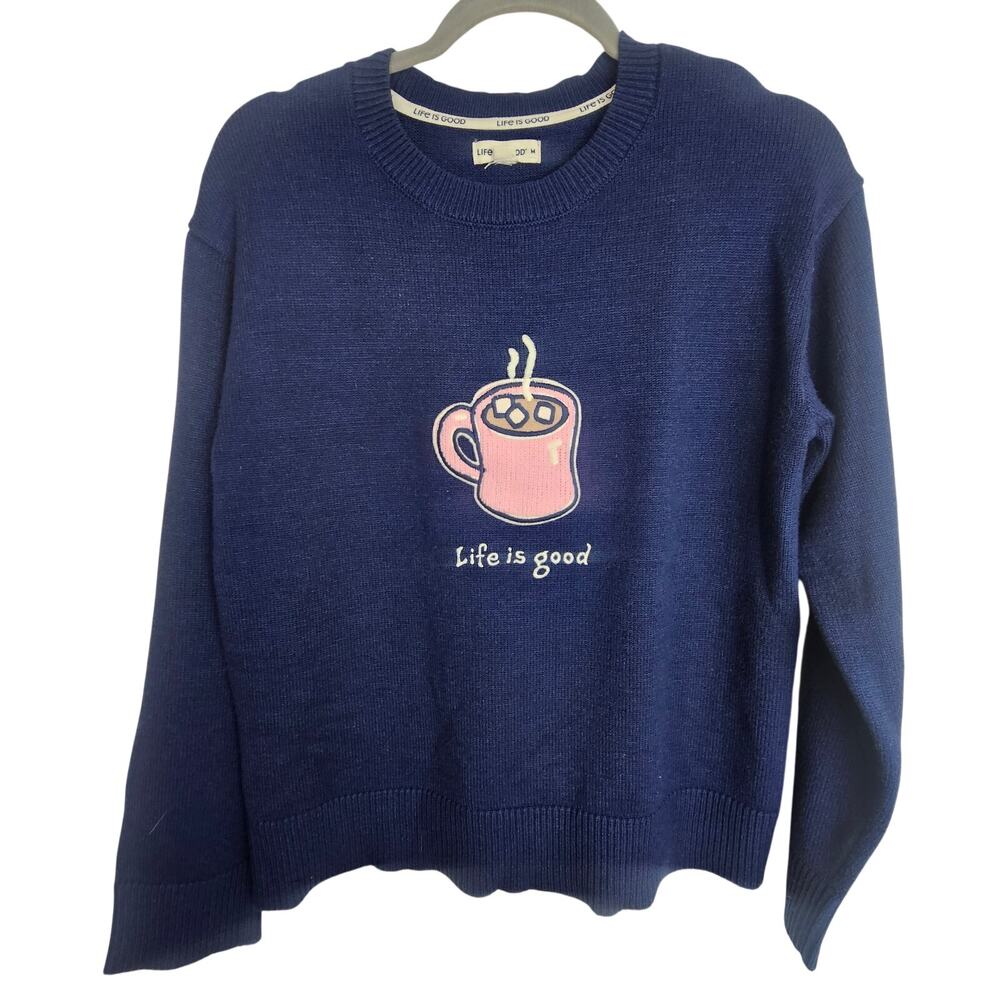 Life Is Good Womens Embroidered Sweater Size M Stretch Comfy Hot Chocolate Cabin